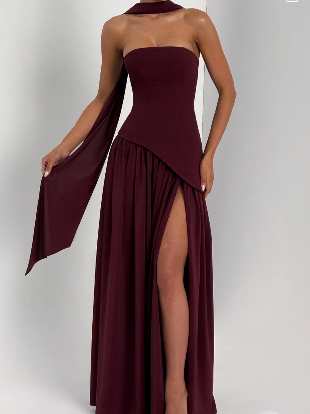 Strapless Wine-Colored Evening Gown with Draped Scarf